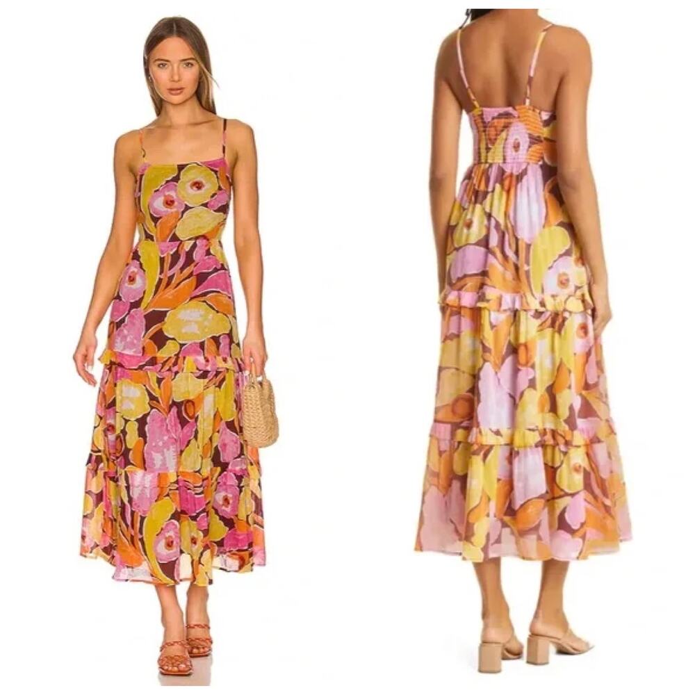 NEW Banjanan Floral Midi Dress Brown Pink Orange Yellow